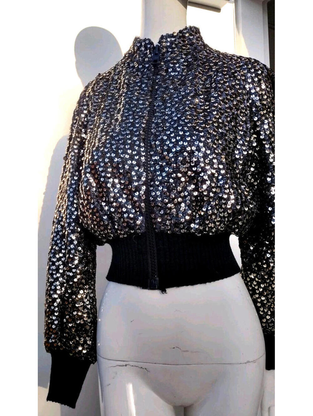 Vintage 1970s Glam Sequin Gold Bomber Jacket Busty Heavy Black Satin Lining S 38